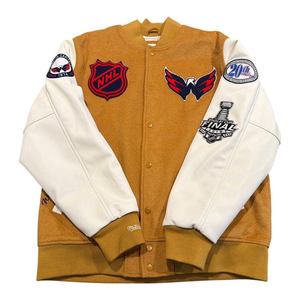 NWT Mitchell & Ness Washington Capitals Varsity Jacket, Men’s Large, Tan Cream